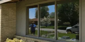 A person reflected in a window standing outside a house, wearing a blue shirt and black shorts.