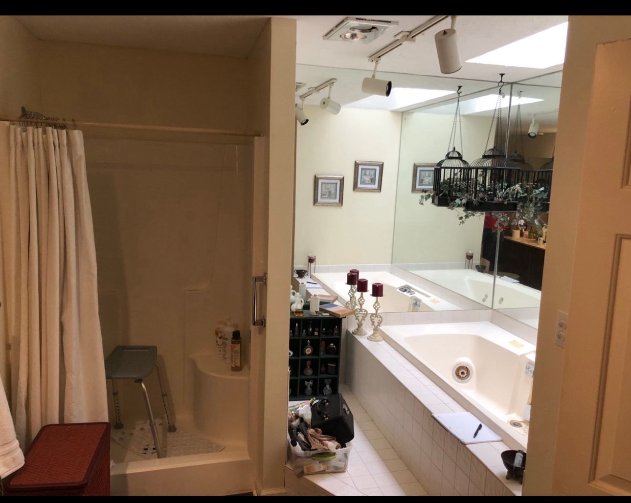 Bathroom with a shower, large tub, and a mirror. Beige walls and a light fixture over the tub.
