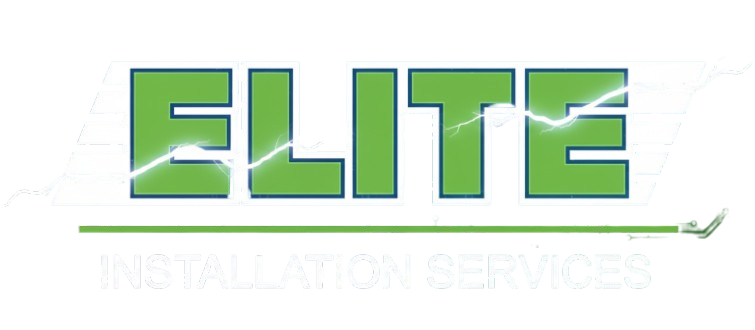 Logo for Elite Installation Services, green text with lightning bolt and line.