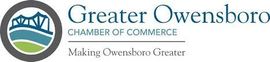 Logo of Greater Owensboro Chamber of Commerce: Bridge over water with green and blue color scheme, dark gray circle.