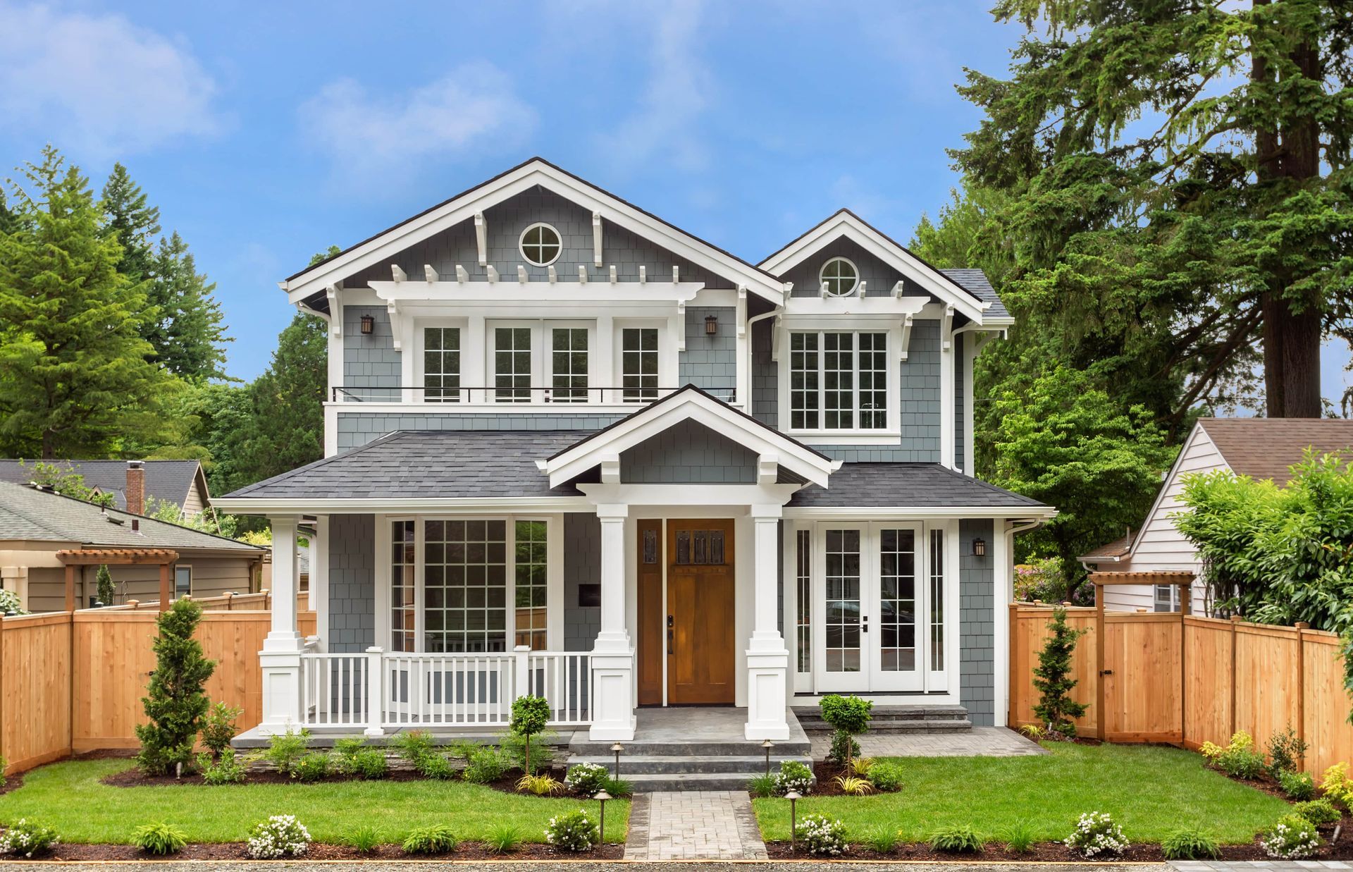 Newly Built Luxury Home Exterior with Fully Landscaped and Fenced Yard