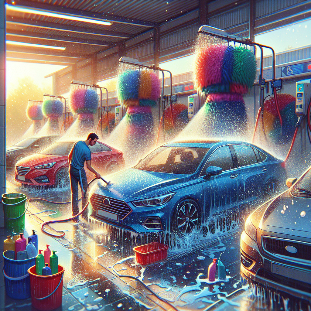 vibrant and energetic scene at a busy car wash on a sunny day. Multiple cars being washed
