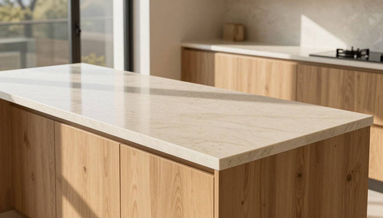 Warm quartz countertop in a renovated kitchen