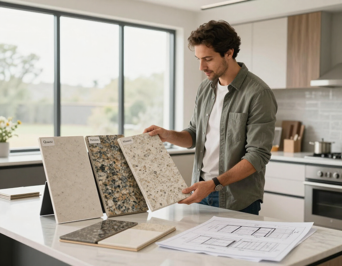 Homeowner comparing countertop samples for a renovation