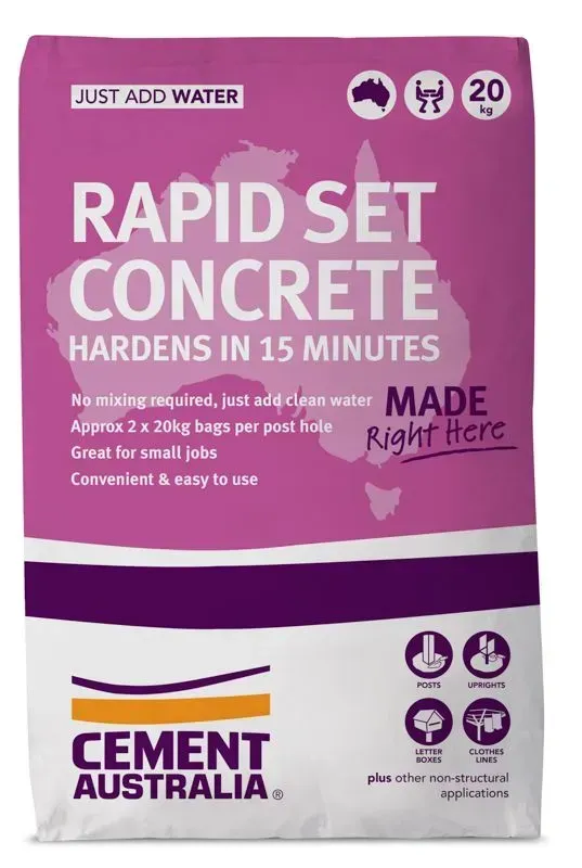 Bag of Rapid Set Concrete from Cement Australia, magenta and white with text and icons. 20 kg.
