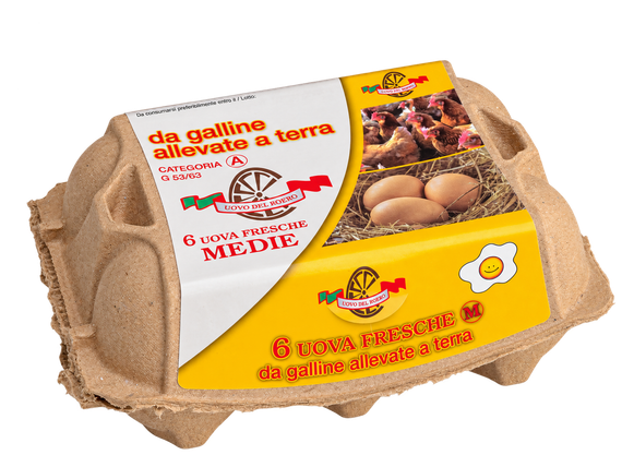 Cartone grigio per uova con etichetta gialla e bianca, contenente uova marroni.
