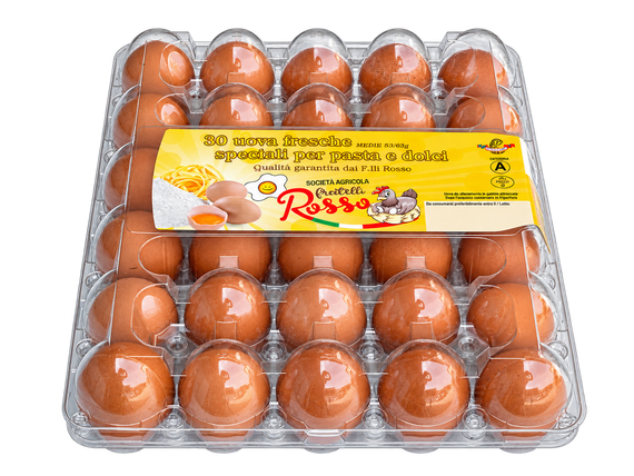 Cartone di uova marroni in confezione di plastica trasparente su sfondo bianco.