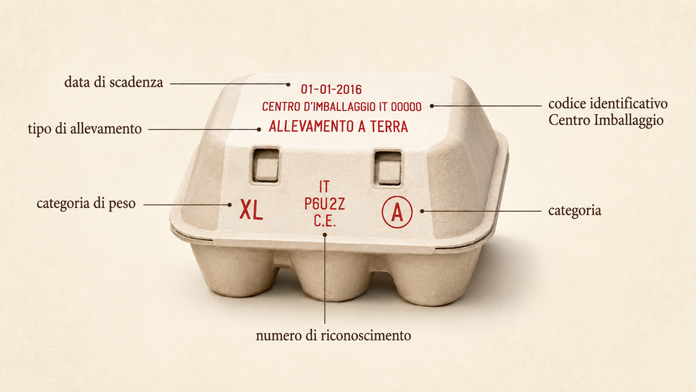 Schema di una confezione di uova che mostra i codici stampati e le etichette sulla parte superiore della confezione.