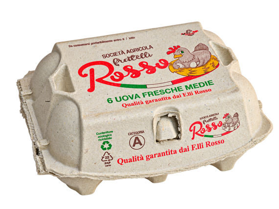 Scatola di cartone grigio per uova con uova marroni visibili all'interno