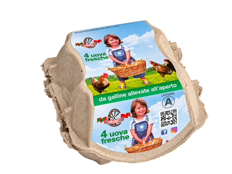 Scatola di cartone per uova con etichetta colorata raffigurante animali da fattoria, a forma di piccola cassa.