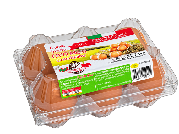 Cartone di uova marroni in confezione di plastica trasparente con etichetta colorata