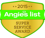 A 2015 Angies List Super Service Award badge featuring a gold shield with a green banner across the center.