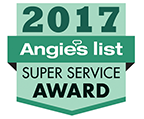 Green 2017 Angie's List Super Service Award badge featuring the company name and award title.