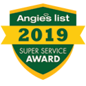 Green and yellow shield-shaped 2019 Angie's List Super Service Award badge.