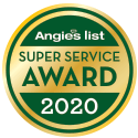 A gold-and-green circular Angie's List Super Service Award seal for the year 2020.