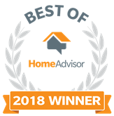 A HomeAdvisor Best of 2018 Winner award emblem with a house icon, gray laurel wreath, and orange banner.