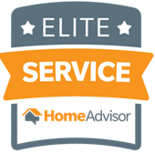A gray and orange HomeAdvisor Elite Service badge.