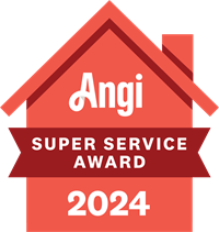 A coral-colored house-shaped logo featuring the 2024 Angi super service award 