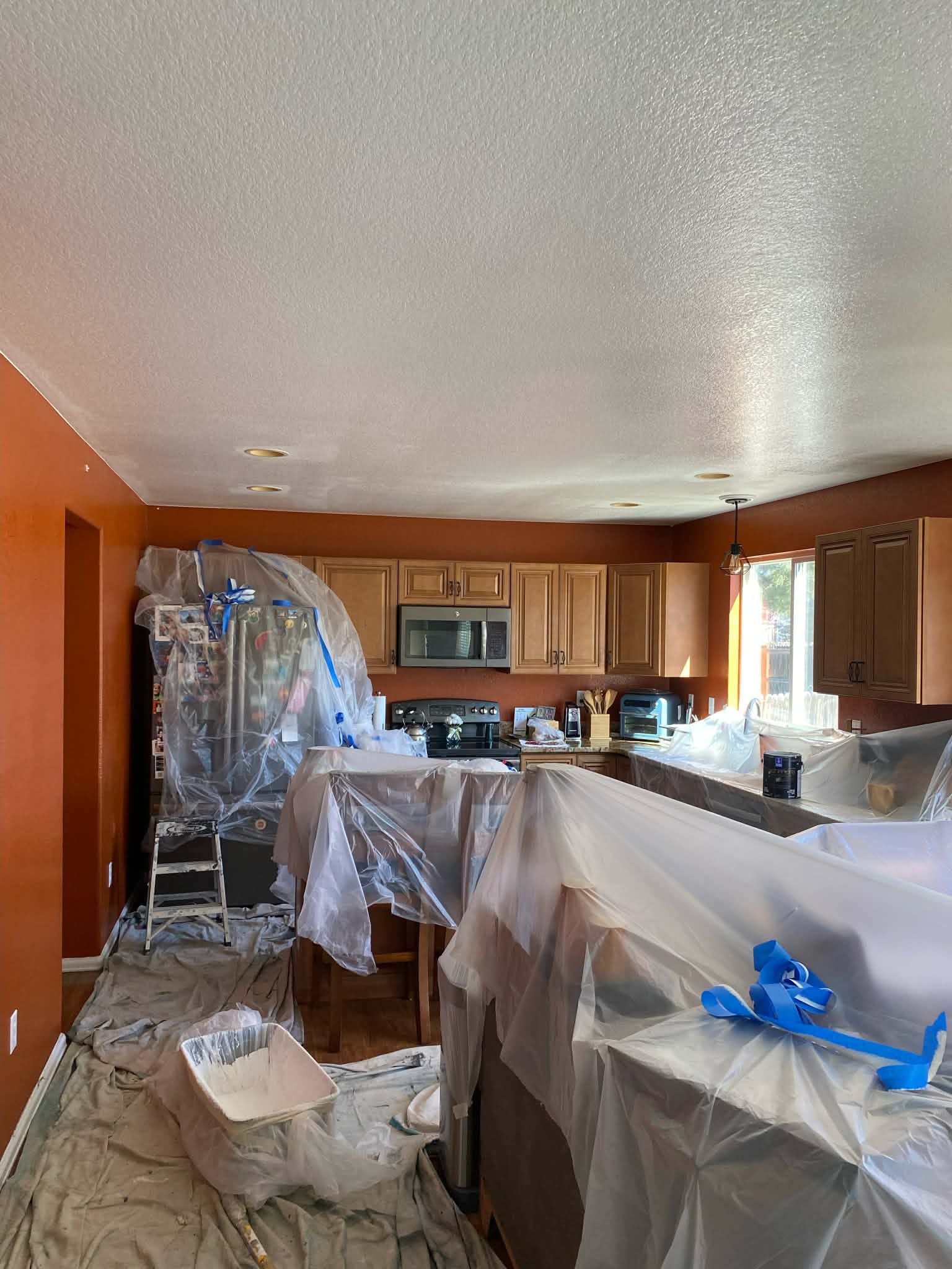 A kitchen under renovation with plastic sheeting covering cabinets and appliances against burnt orange walls.