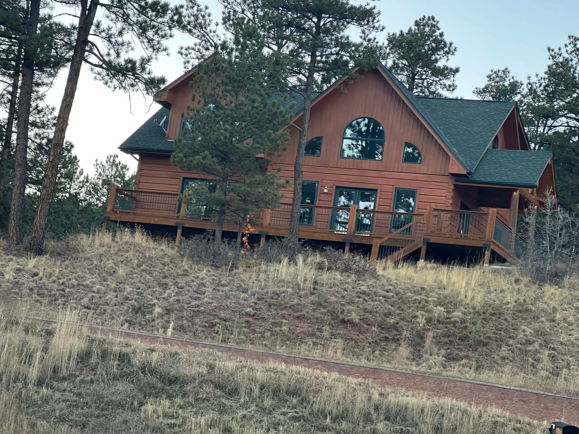 Large rustic wooden house with green roof among pine trees and dry grass.