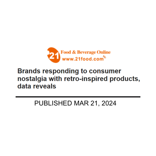 An article title from 21 Food & Beverage Online about brands using retro-inspired products to address consumer nostalgia.