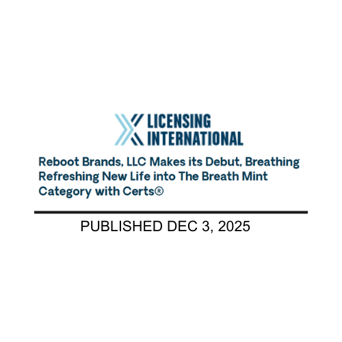 Licensing International logo above a headline about Reboot Brands relaunching Certs, dated December 3, 2025.