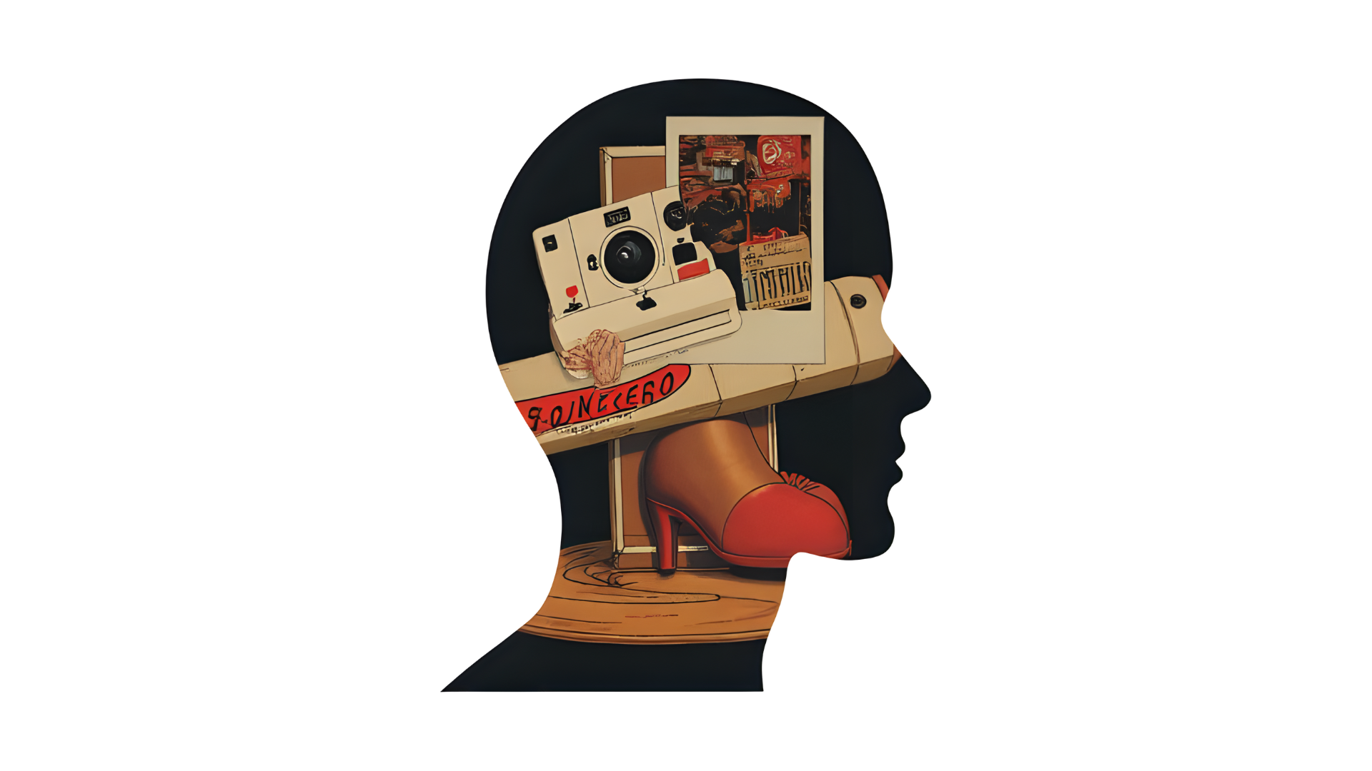 A silhouette of a human head containing a vintage camera, a photograph, and a red high-heeled shoe against a dark background.