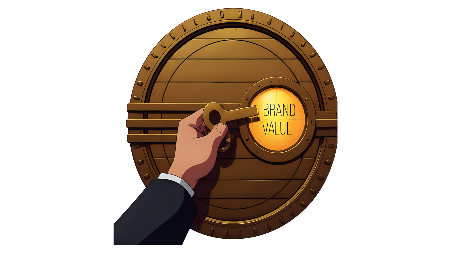 A hand in a business suit inserts a key into a circular wooden door featuring a glowing golden lock labeled