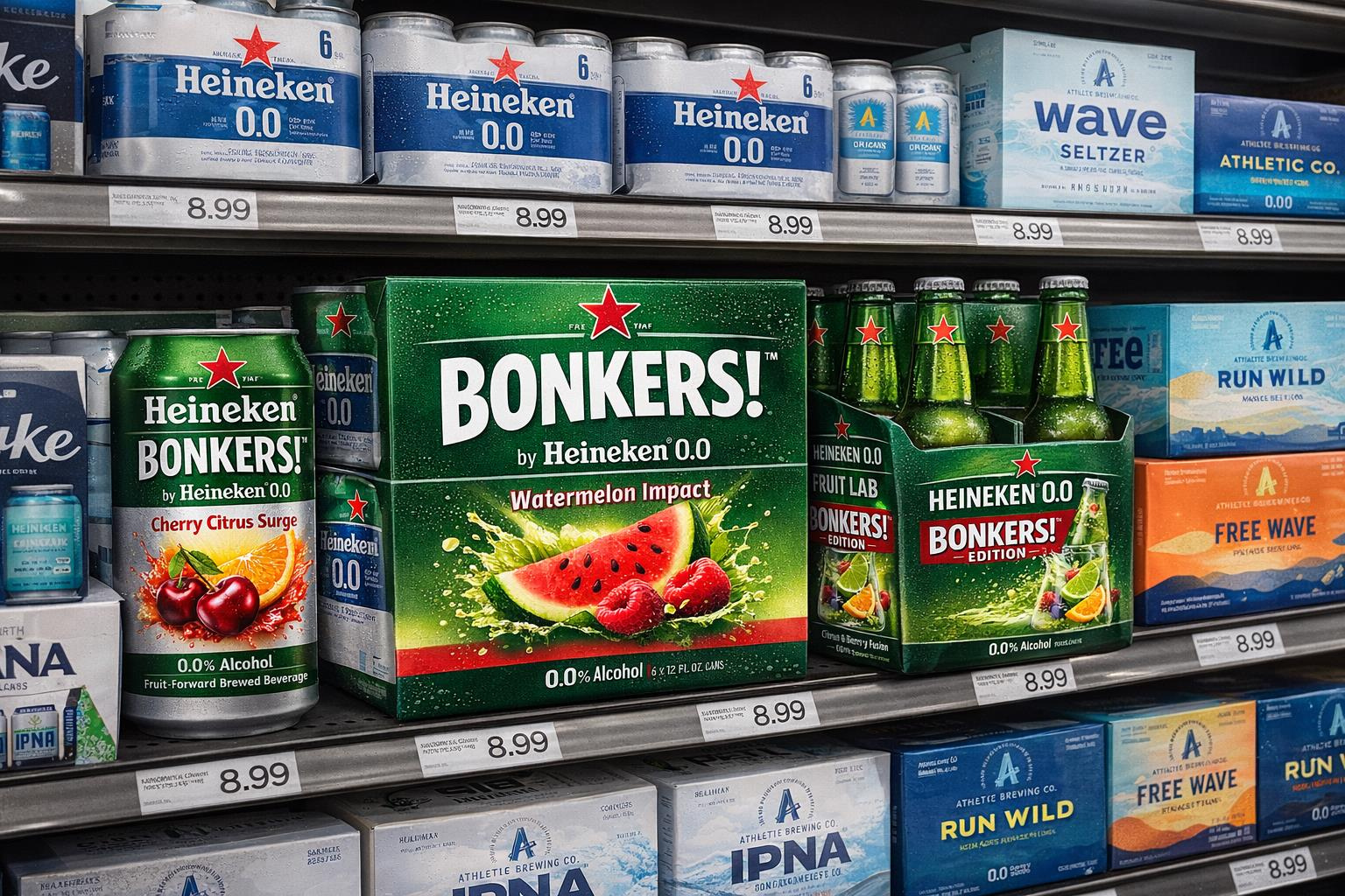 A supermarket shelf stocked with various Heineken 0.0 beverage packs and cans, including a 