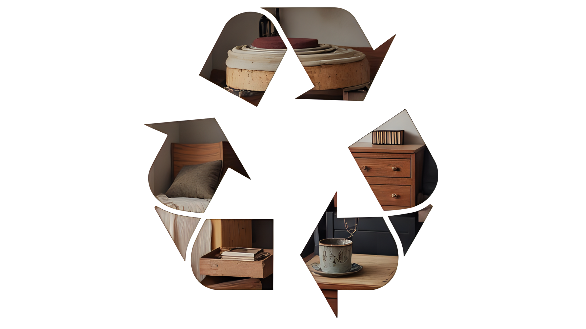 A recycle symbol graphic featuring small inset images of wooden bedroom furniture and household decor.