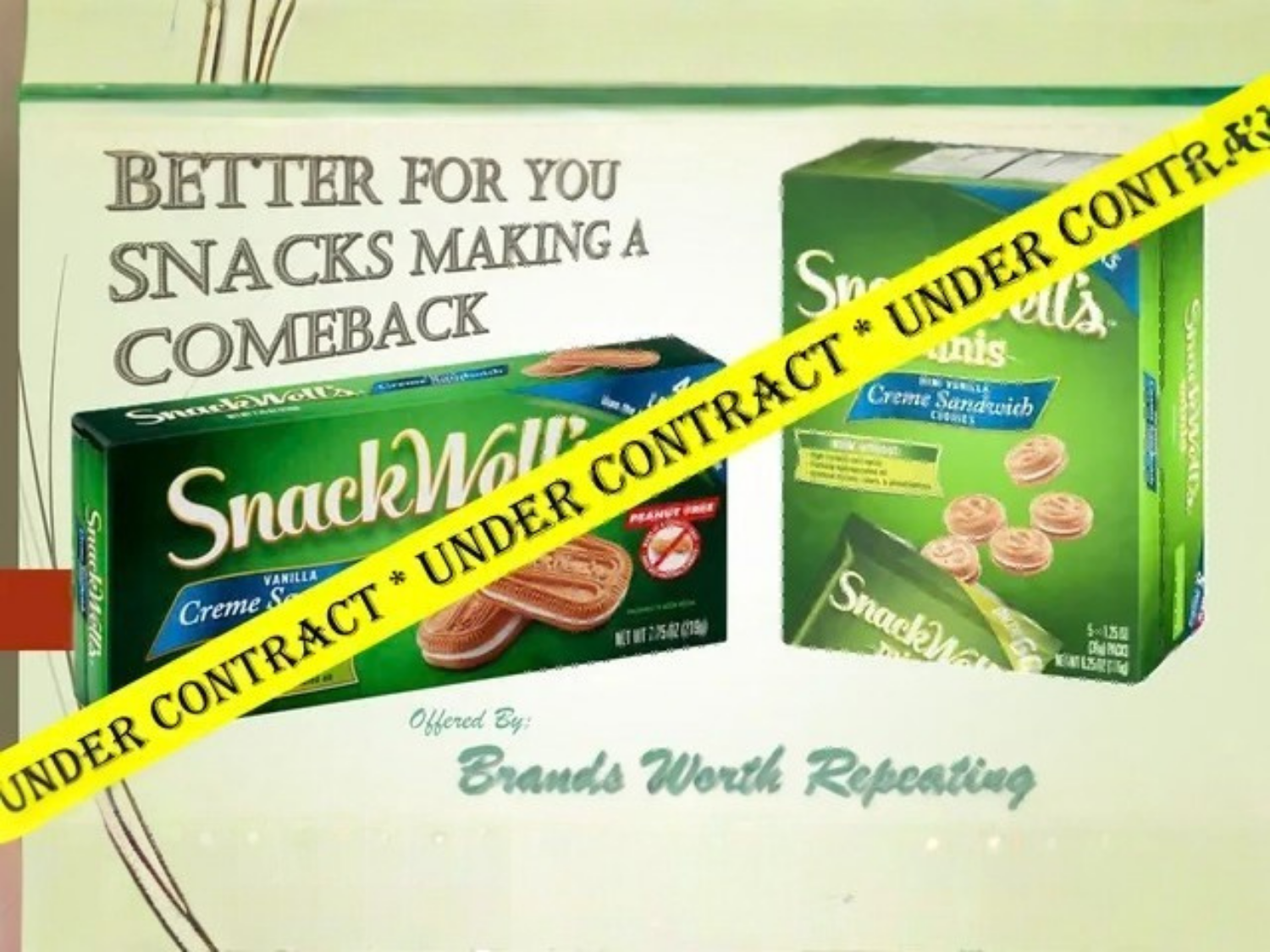 A promotional graphic for SnackWell's cookies by Brands Worth Repeating, featuring two boxes of creme sandwich cookies.