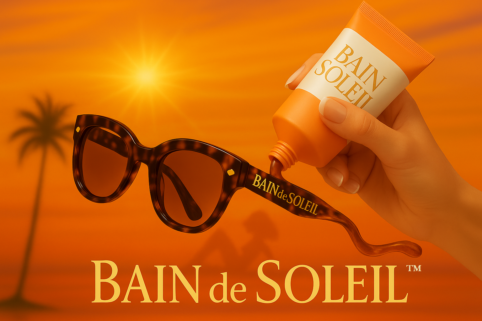 A hand squeezes Bain de Soleil tanning gel onto tortoise-shell sunglasses against a sunset background with a palm tree.