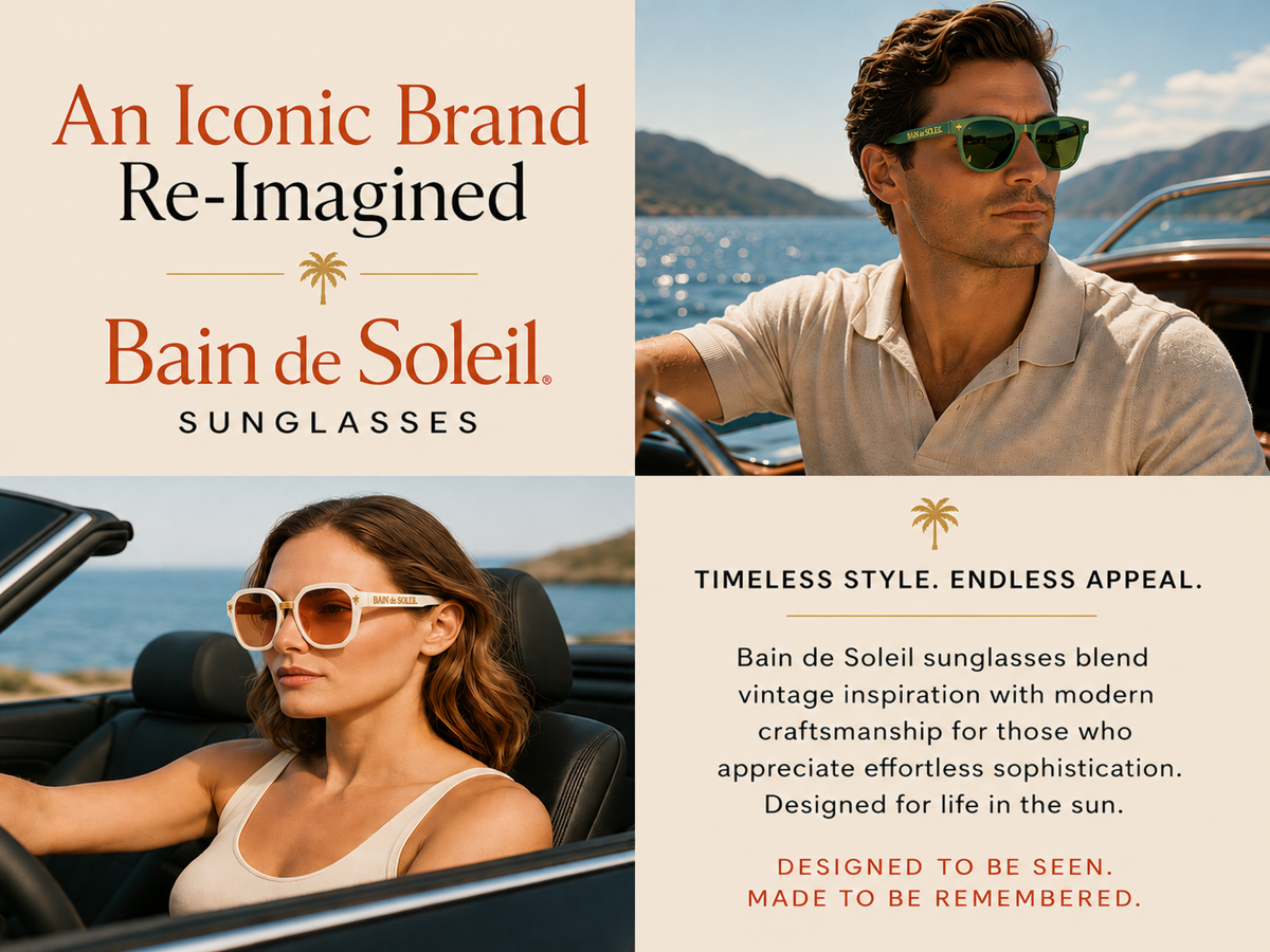 A hand squeezes Bain de Soleil tanning cream onto a pair of tortoise-shell sunglasses against a tropical sunset background.