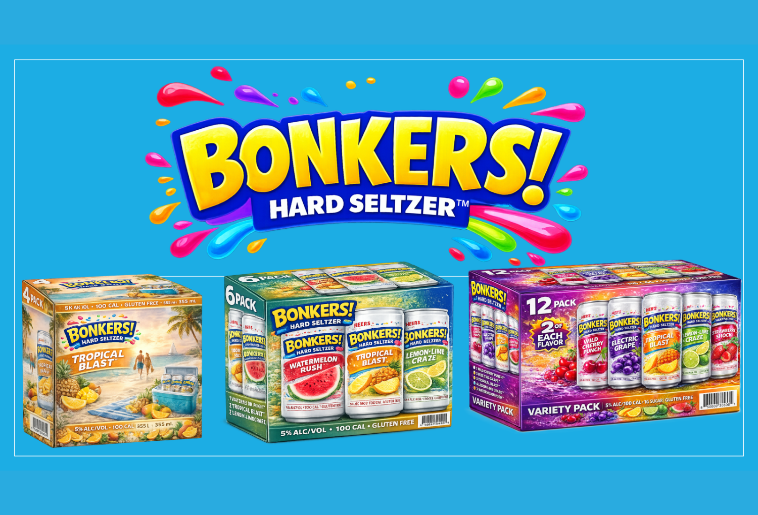 Three different Bonkers! Hard Seltzer variety packs against a bright blue background with colorful paint splashes.