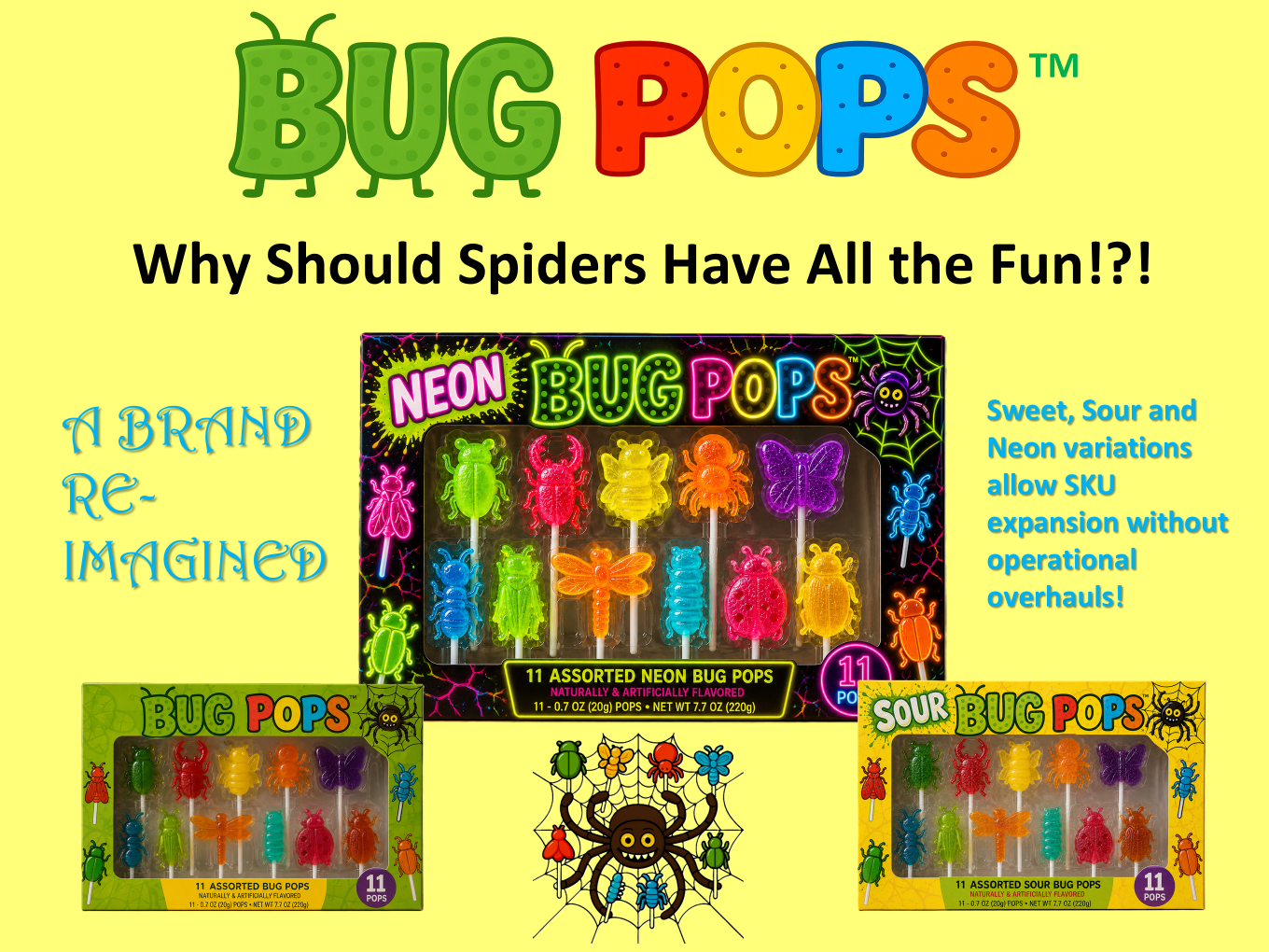 A licensing guide for Bug Pops, featuring three green retail displays of colorful insect-shaped lollipops.