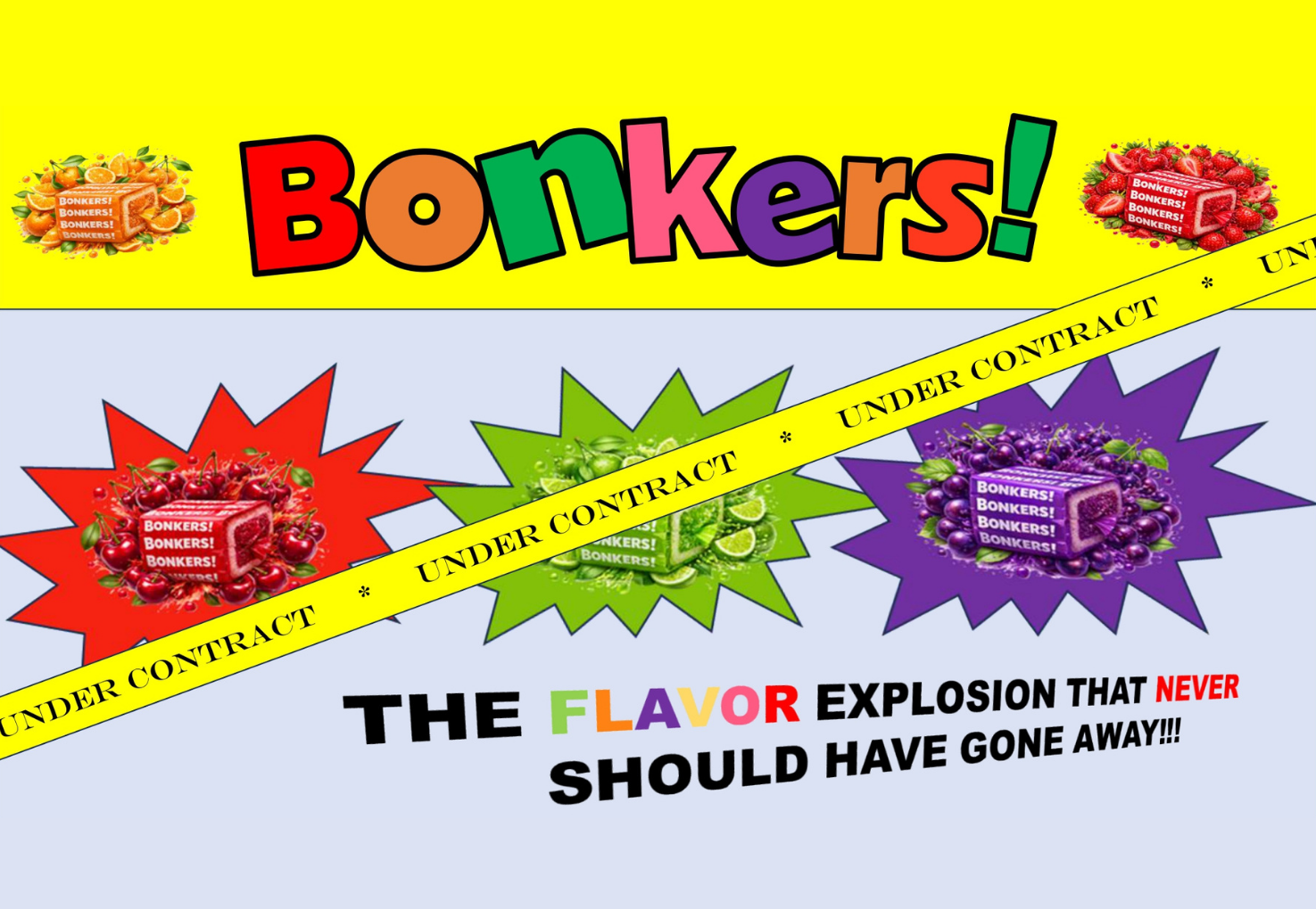 Bonkers candy advertisement with red, green, and purple fruit-flavored pieces on a yellow and light blue background.