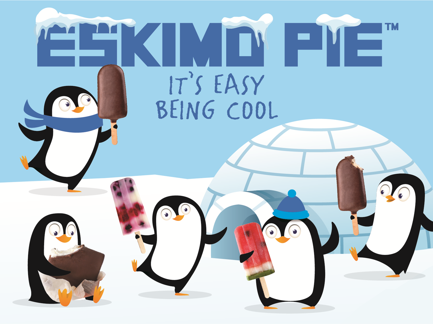 Five cartoon penguins holding various ice cream treats in front of an igloo under the Eskimo Pie logo and slogan.