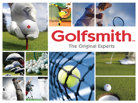 A collage of golf and tennis equipment with the text 