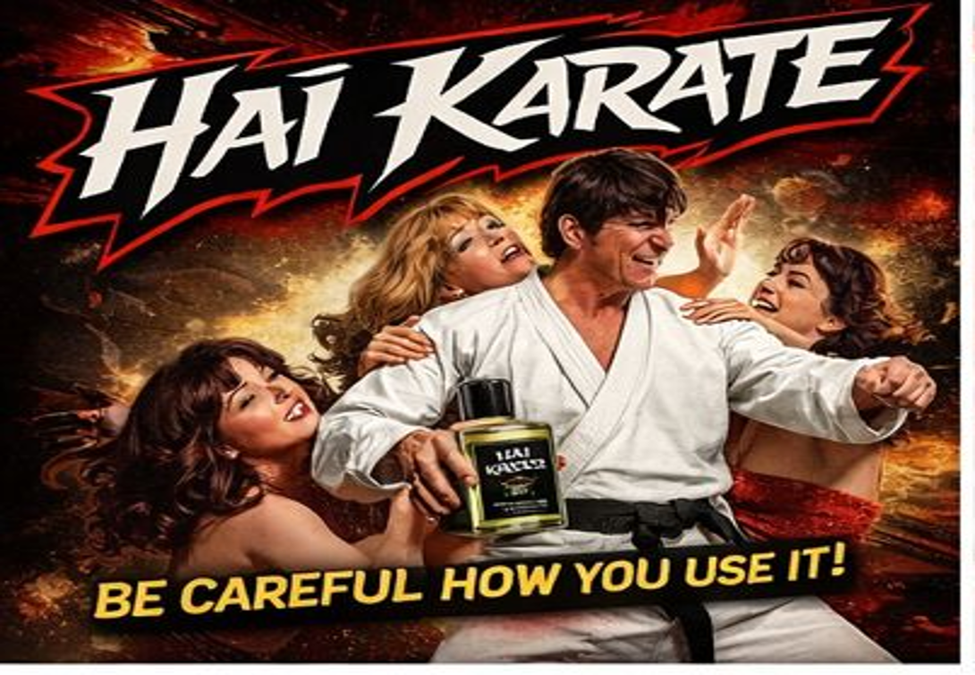 Hai Karate cologne ad with three people in martial arts poses and the slogan “Be careful how you use it!”
