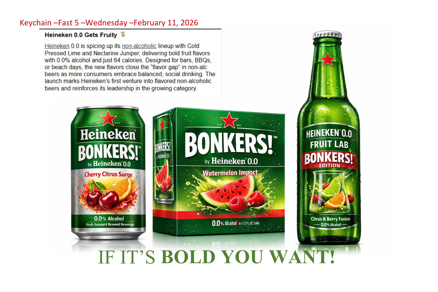 Heineken BONKERS! tomato-flavored beer cans and bottle with slogan “If it’s bold you want!”