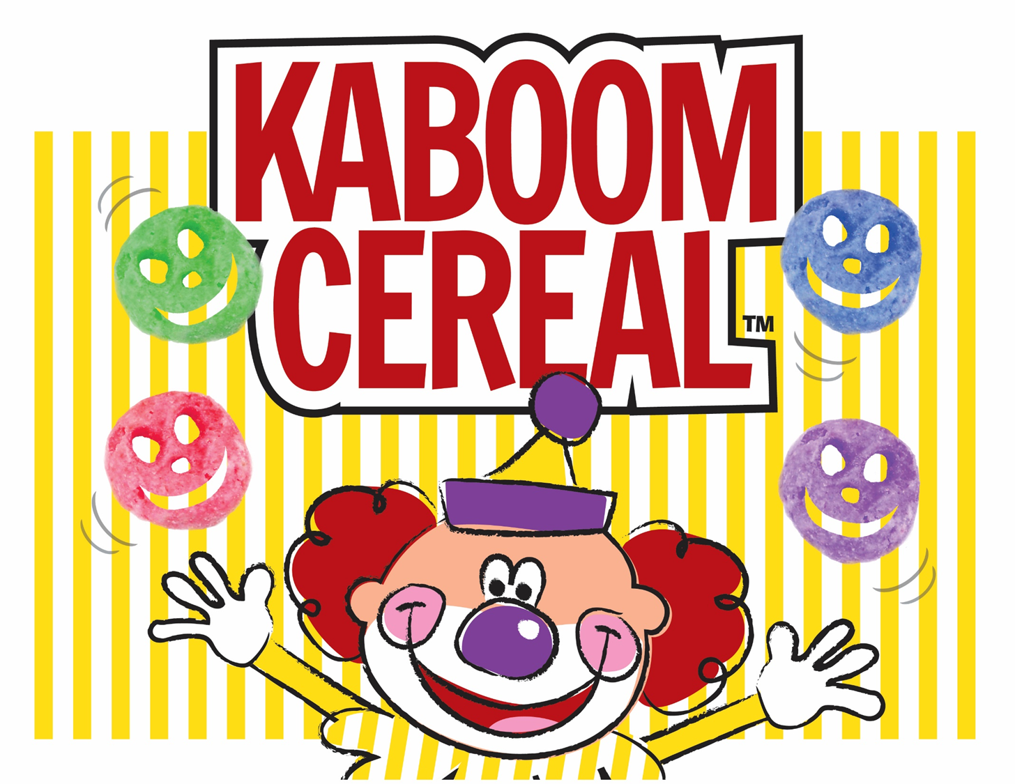 A clown juggles four colorful, smiling cereal pieces above the Kaboom Cereal logo against a yellow-striped background.