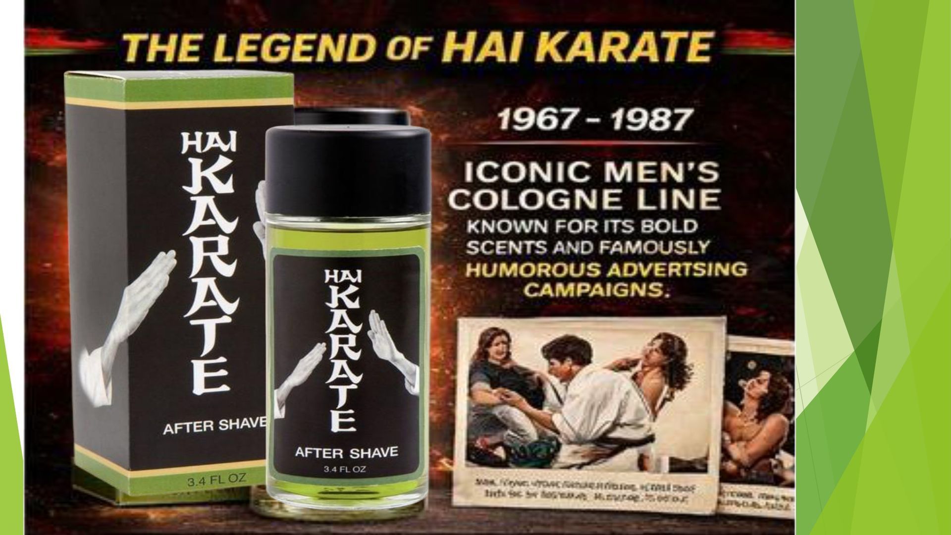 A bottle and box of Hai Karate aftershave, with text highlighting the brand's history and humorous ads from 1967-1987.