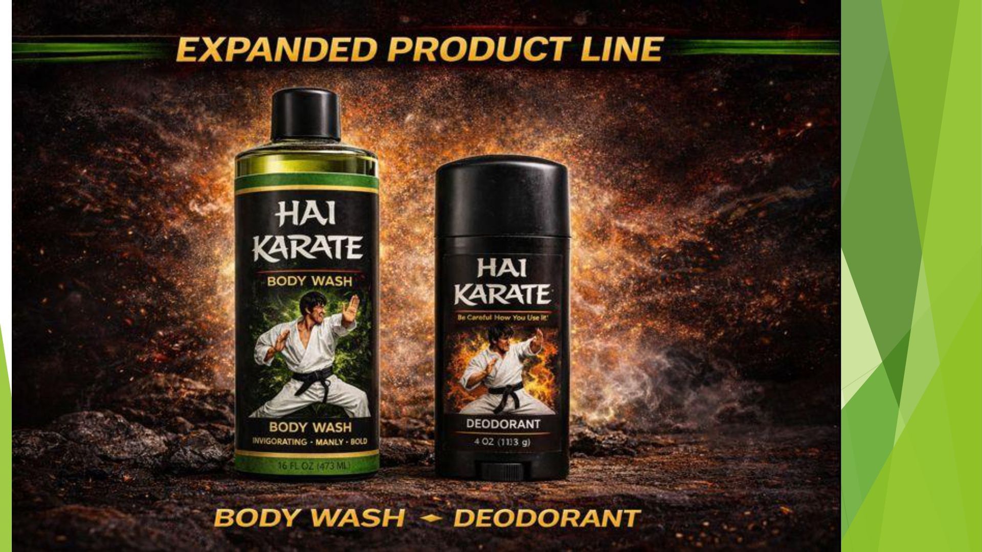 Hai Karate body wash and deodorant stand against an explosive, fiery background with 