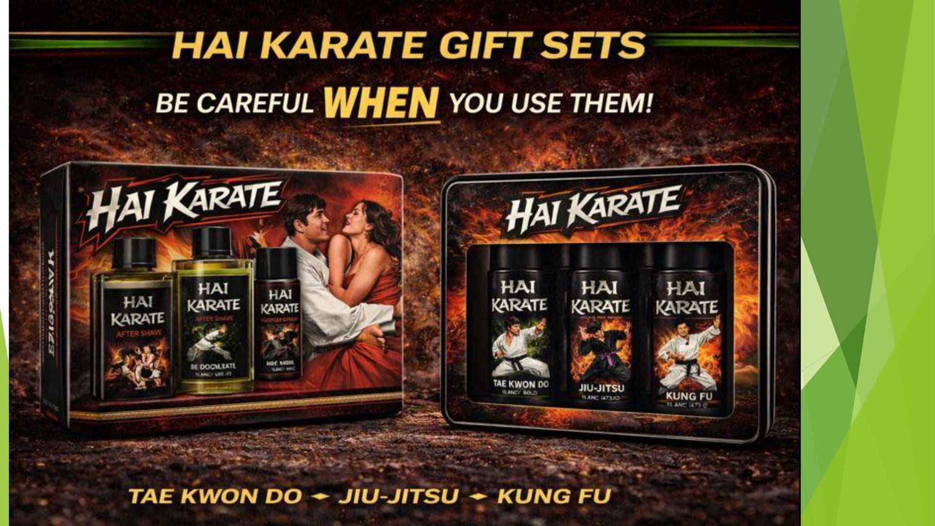 Two Hai Karate gift sets displayed against a fiery background, with the warning: 