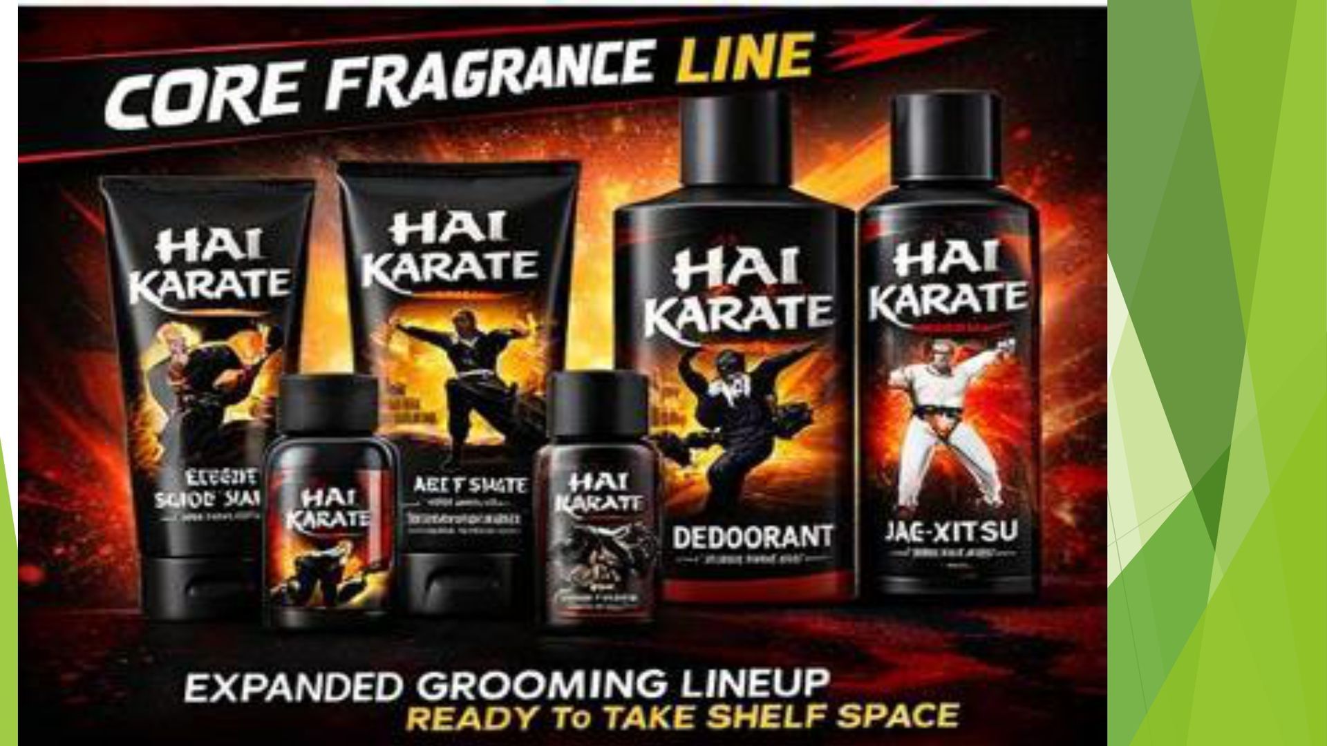An advertisement for a line of Hai Karate grooming products, featuring various bottles and tubes against a fiery background.