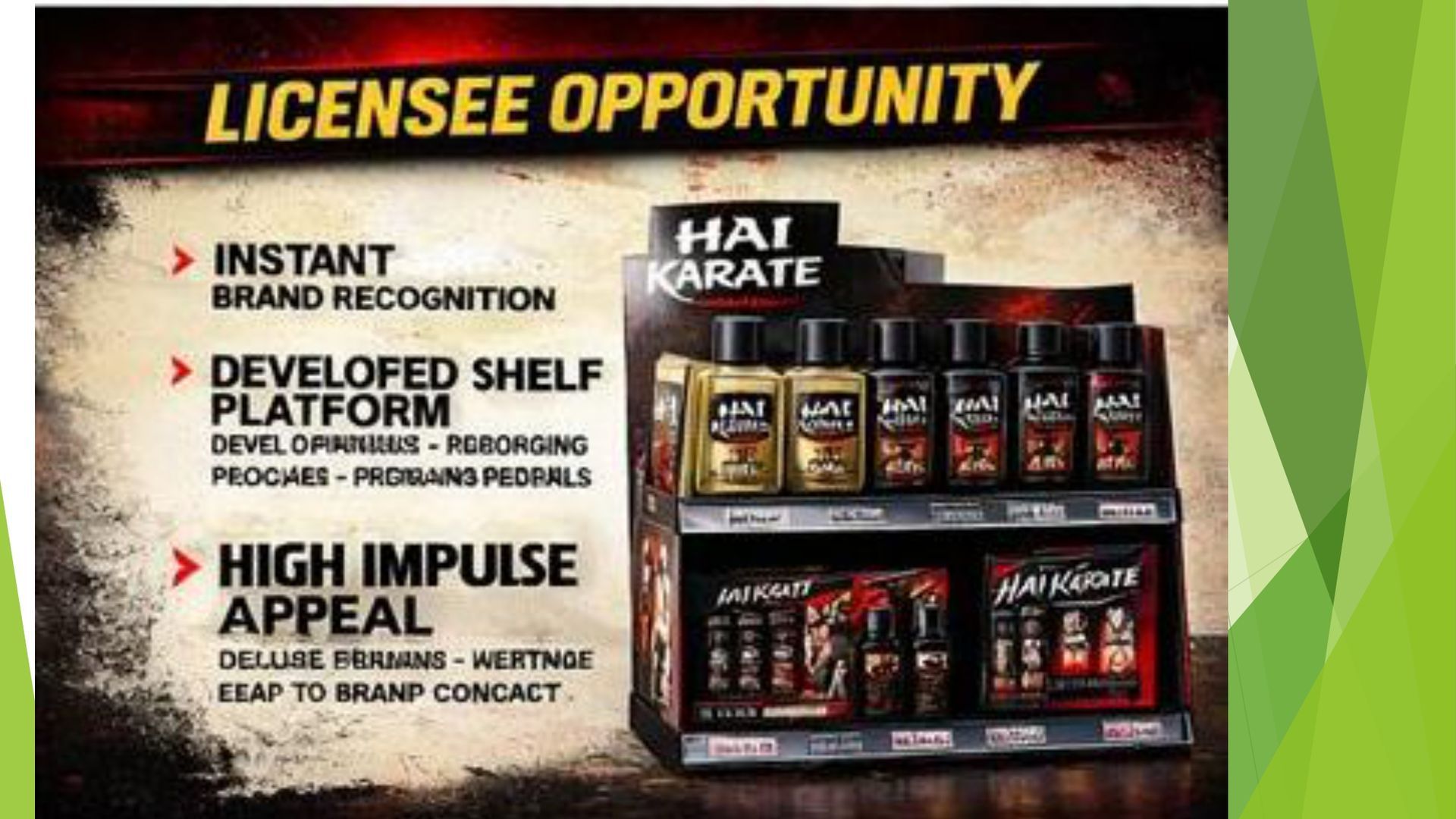 A promotional slide for Hai Karate, showing a retail display of toiletries with text highlights for licensee opportunities.