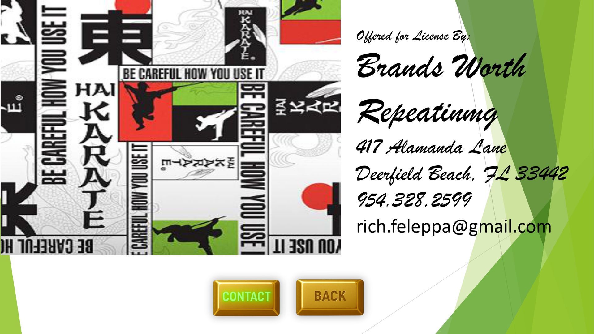 Business card for Brands World Repeating with contact details, black-red-green collage, and two gold buttons at bottom