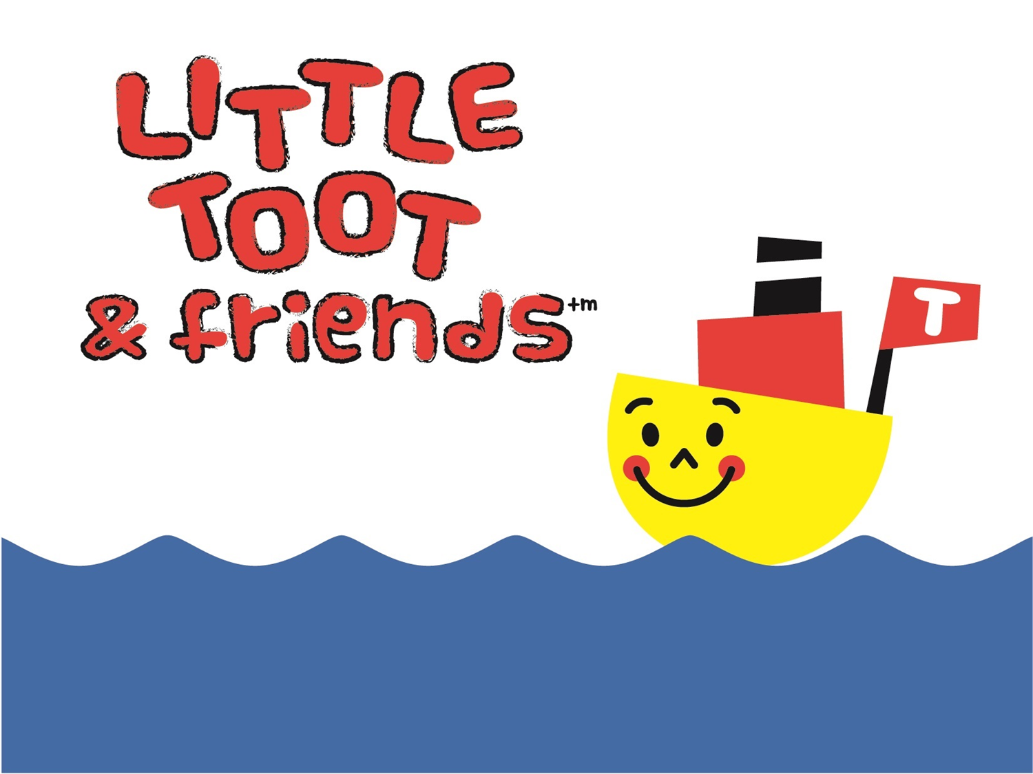 A cheerful yellow tugboat with a red smokestack and a flag marked 