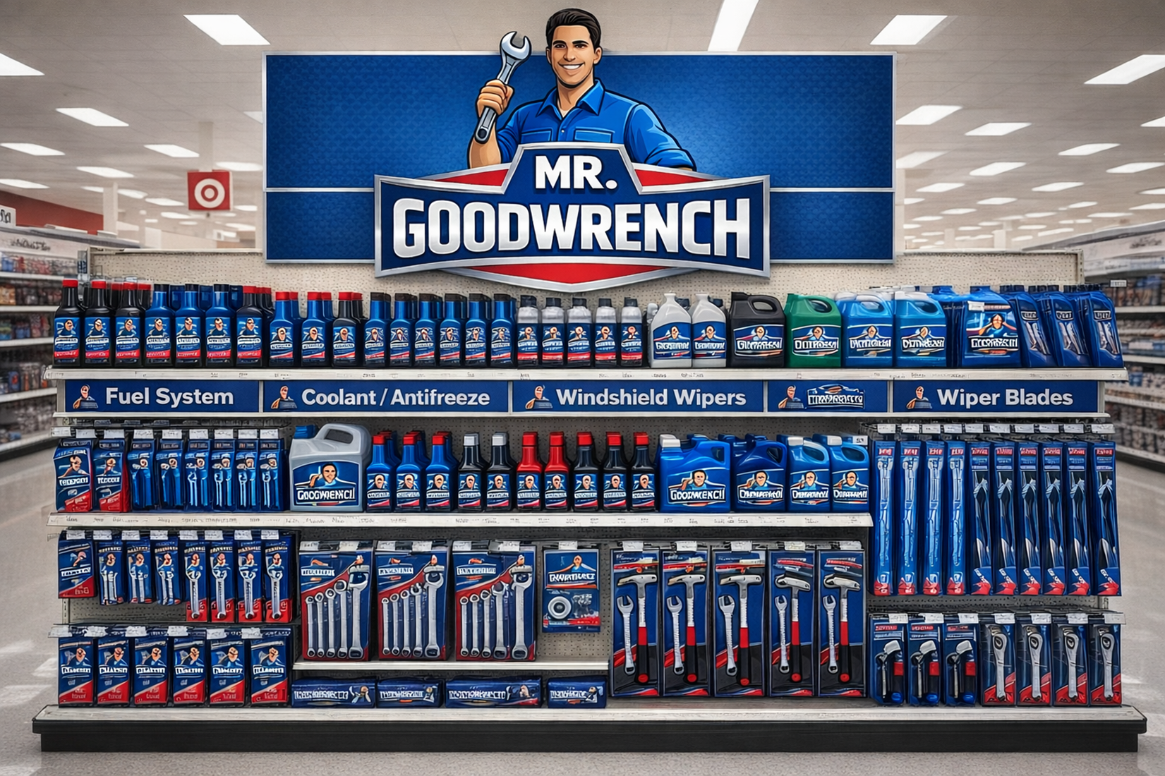 A Mr. Goodwrench retail display shelf featuring various automotive fluids, tools, and wiper blades in a store aisle.