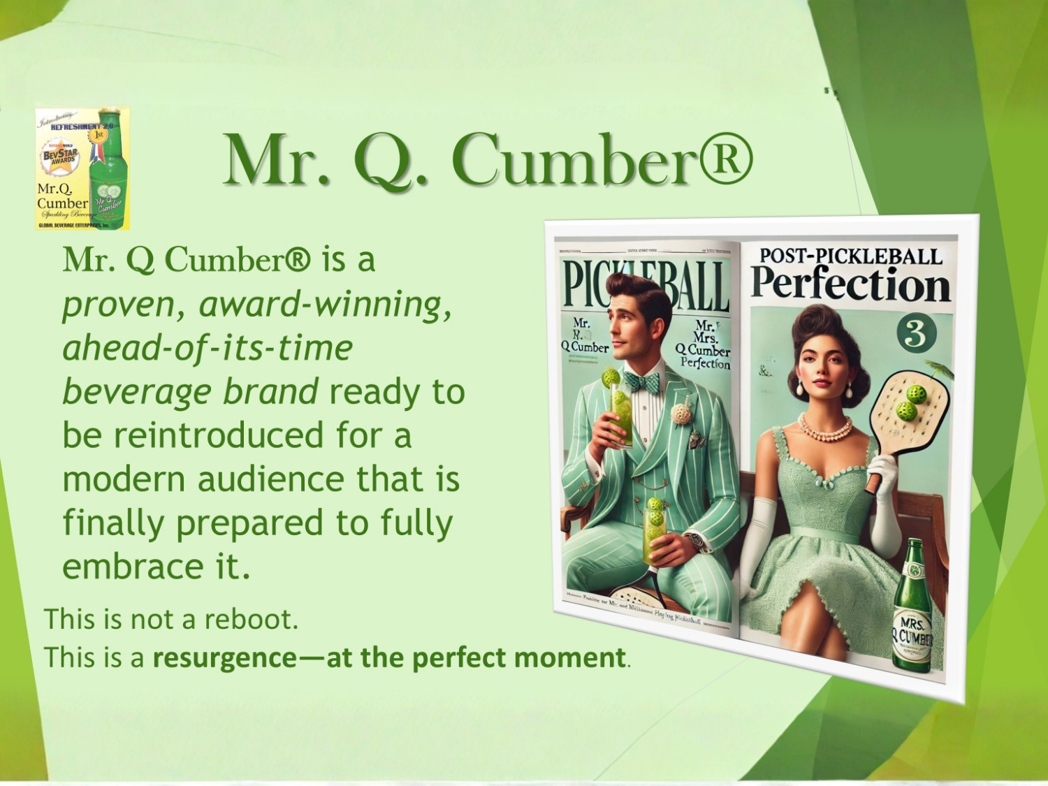 Promotional graphic for Mr. Q. Cumber beverage, featuring two people holding the drink beside a 